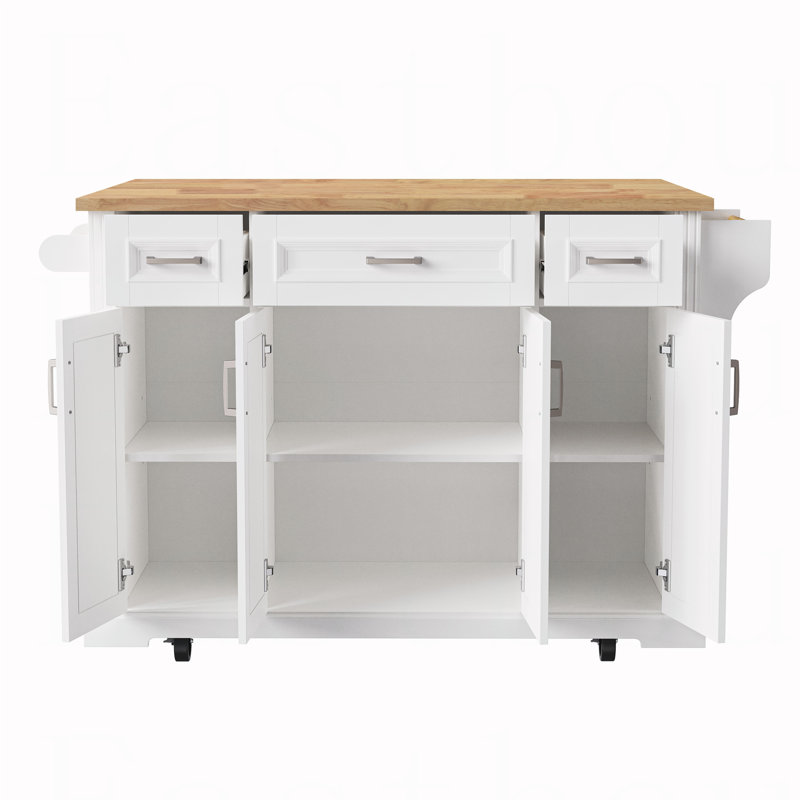54inch Large Kitchen Island with Rubber Wood Drop Leaf, Embossed Texture Rolling Kitchen Cart on 4 Wheels with 4 Doors and 3 Drawers, Kitchen Island with Storage for Kitchen, Dining Room,White