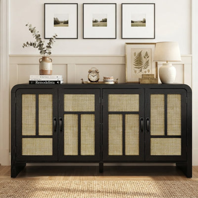 Buffet bohème de 150 cm de large avec 4 portes en rotin et tablettes réglables, meuble de rangement moderne et console multimédia