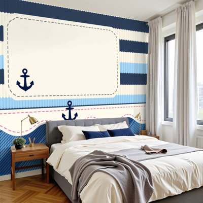Peel and Stick Wallpaper 144" x 100" Modern Self Adhesive Wall Mural for Bedroom Nautical Stripes Anchors Wavy Border Design
