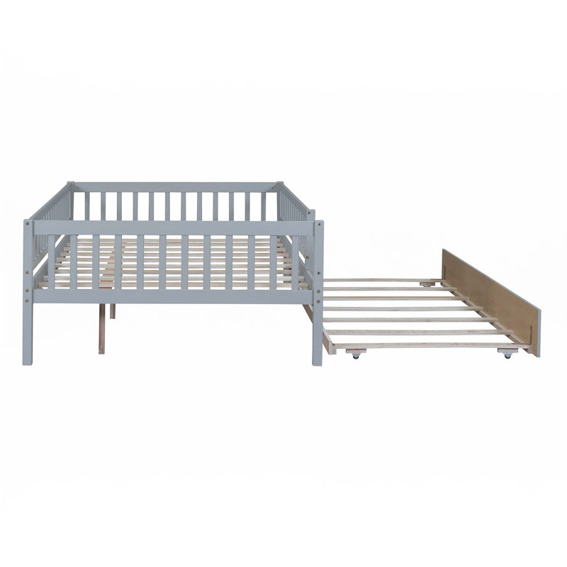 Wood Daybed With Trundle And Fence Guardrails, Gray, Full/Double