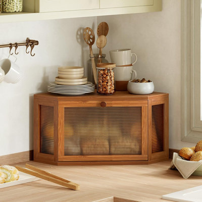 Corner Bread Box For Kitchen Countertop, Bamboo Bread Storage Container, Large Farmhouse Bread Holder
