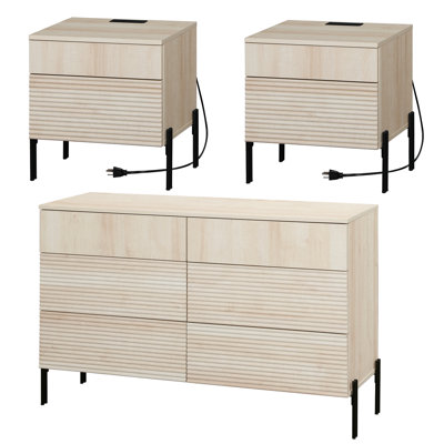 6 Drawer Dresser And Nightstand Set For Bedroom, 3 Pcs Bedroom Set With Minimalist Reeded Design, Double Dresser With Hidden Handles