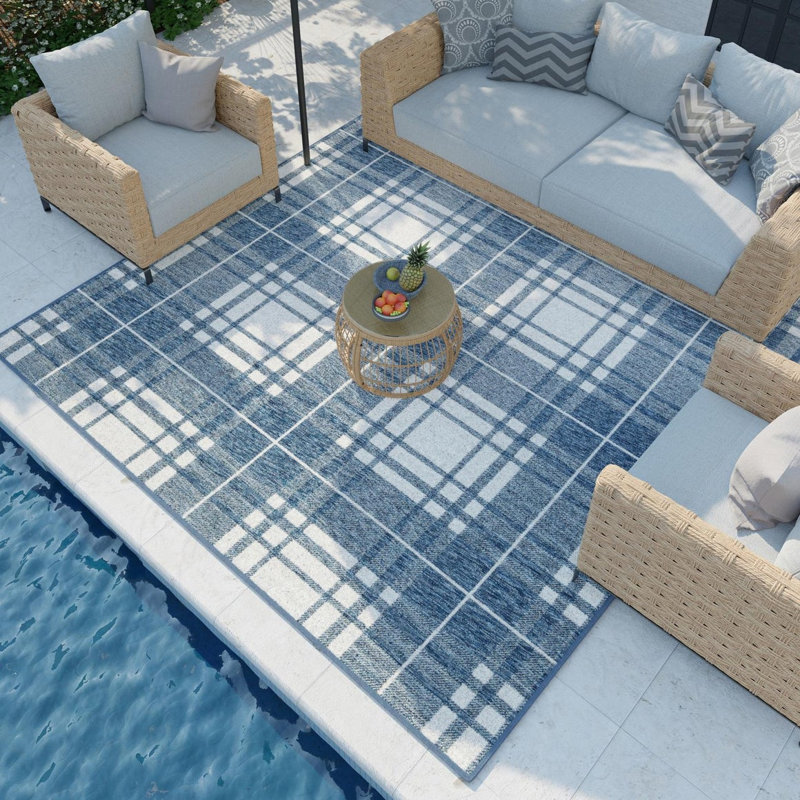 Tereon Plaid Machine Made Power Loom Polypropylene Plastic Indoor/Outdoor Area Rug in Blue/White, Square 7'10"