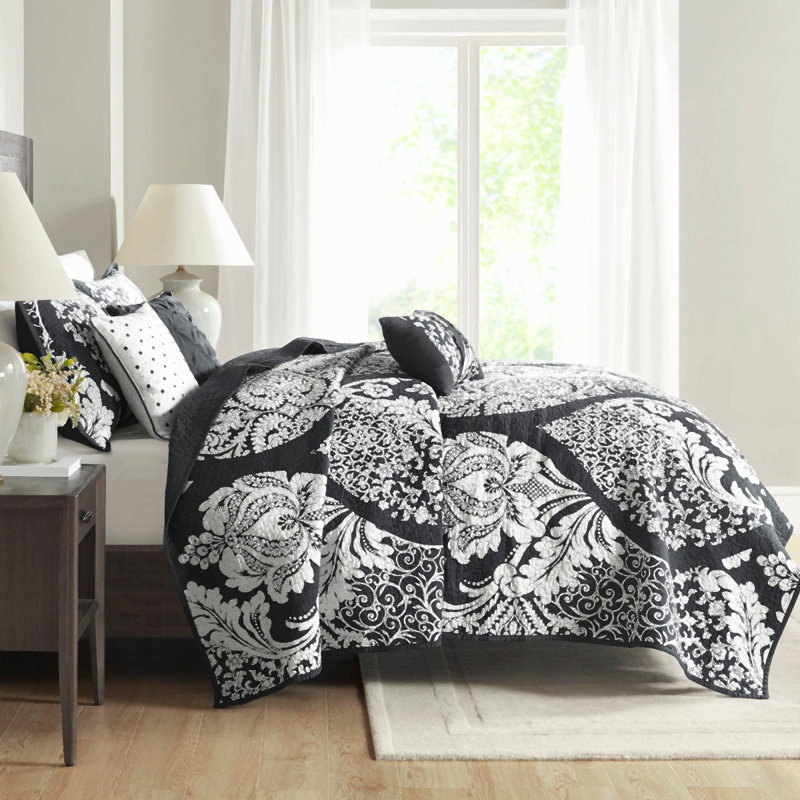 Ensemble de courtepointe réversible brodée en coton 6 pièces, noir, format King/Cal King, Black