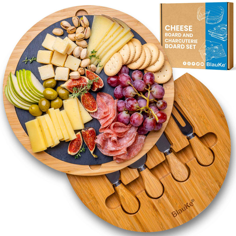 Bamboo Cheese Board with Cheese Tool Set and Slate - 30cm Round Charcuterie Board - Wooden Cheese Board Gift Set