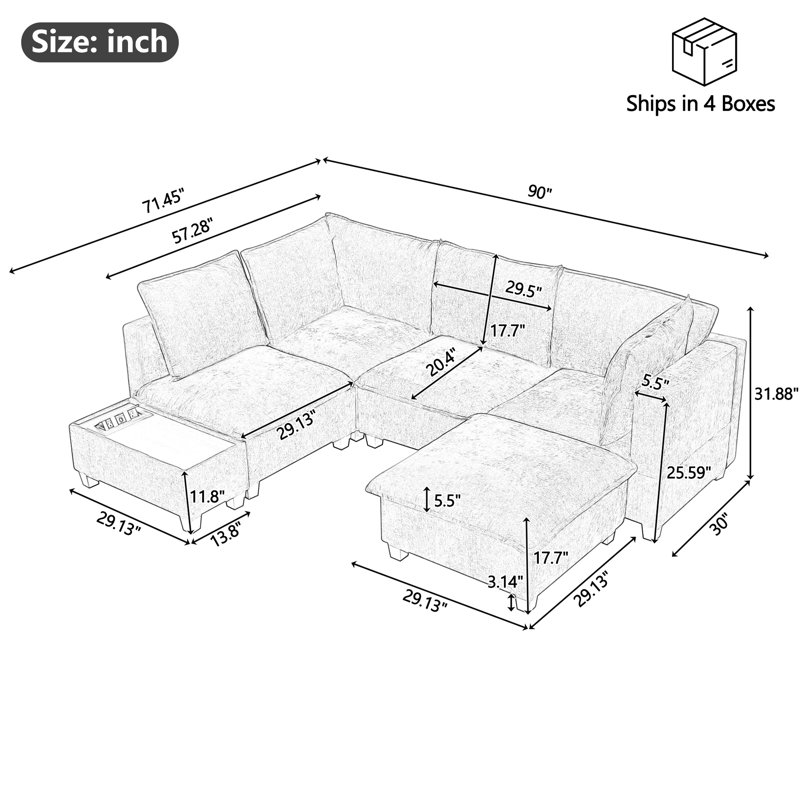 U-Shaped Modular With Movable & Adaptable Coffee Table - Hidden Charging Element, Comfy Padding Area, Strong Durability Guarantee Assurance Spot, Padding,