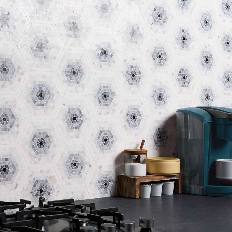 Ako 6" Hexagon Marble Micro Mosaic Tile, Grigio Gray