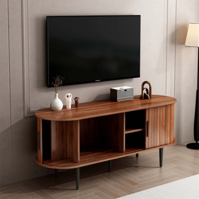 Console télé moderne avec rangement, porte coulissante et design Mid-Century pour le salon, la chambre à coucher ou le bureau