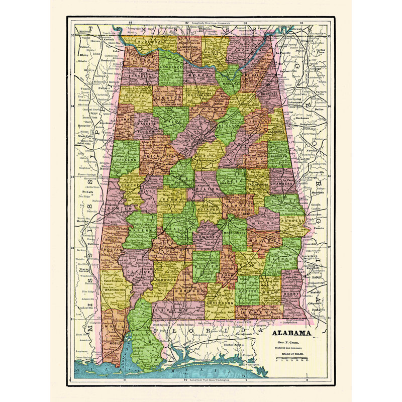 Carte de l'Alabama - reproduction sur toile tendue, H 40 po x l 30 po