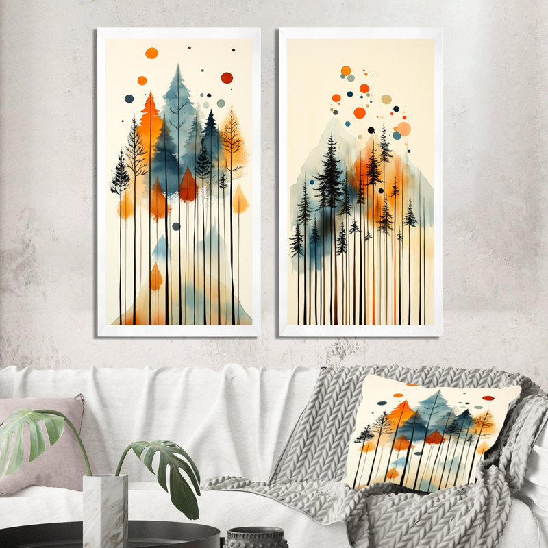 «Summer Valley Pine Forest Silhouettes I - Tree Pine», art encadré 2 pièces, H 40 po x l 40 po, Cadre photo blanc