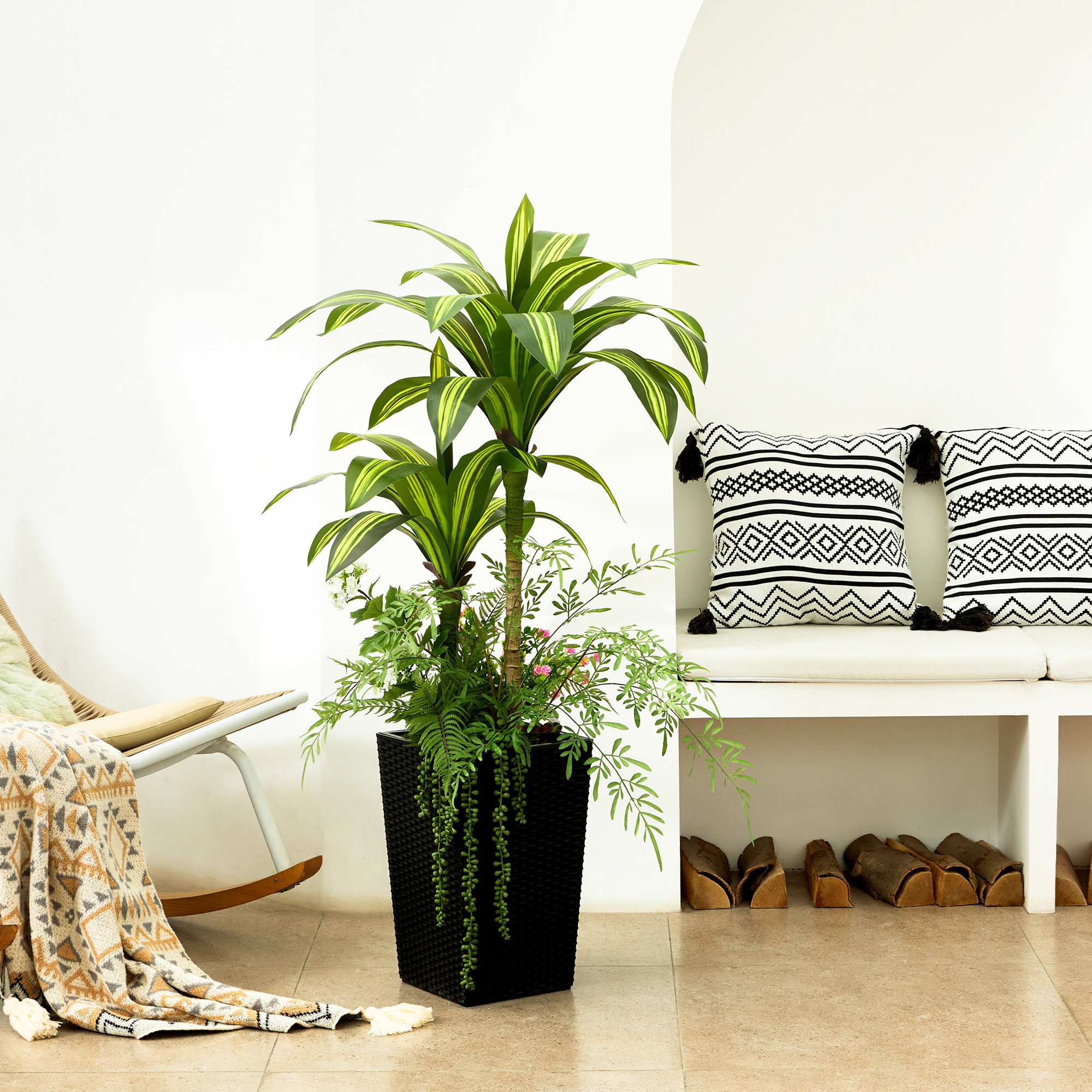 Adcock Artificial Dracaena Tree 4FT - UV Resistant Faux Dracaena with Tapered Planter and Decorative Plants, 1, Black