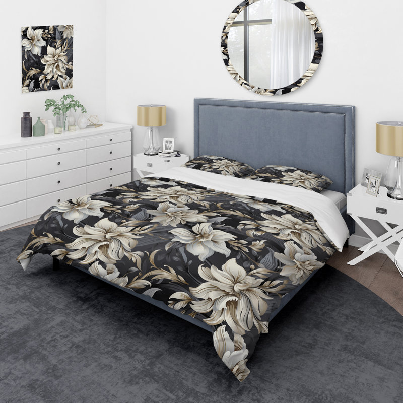 Deep Black Silver Flowers Elegance - Ensemble de housse de couette glam, Housse de couette pour très grand lit et 2 très
