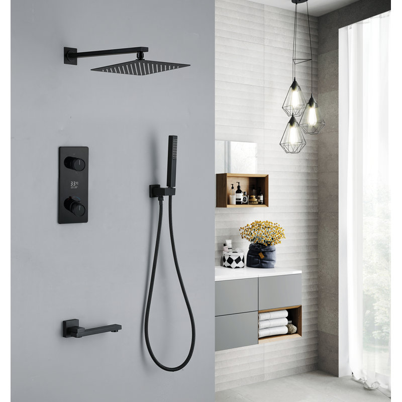 Système de douche mural thermostatique numérique à 3 fonctions à bouton-poussoir, Noir mat