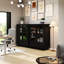 Buffet noir avec portes doubles en verre et pieds en bois massif, pour la cuisine, la chambre à coucher - surface peinte à base d'eau, compartiment de tiroir de compartiment personnalisable, chambre adaptée, couloir-121048083-121048082