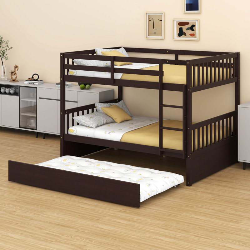 Full Over Full Rubber Wood Bunk Bed – Twin-Size Trundle, Ladder, Guardrails & Convertible To 2 Full Beds, Espresso