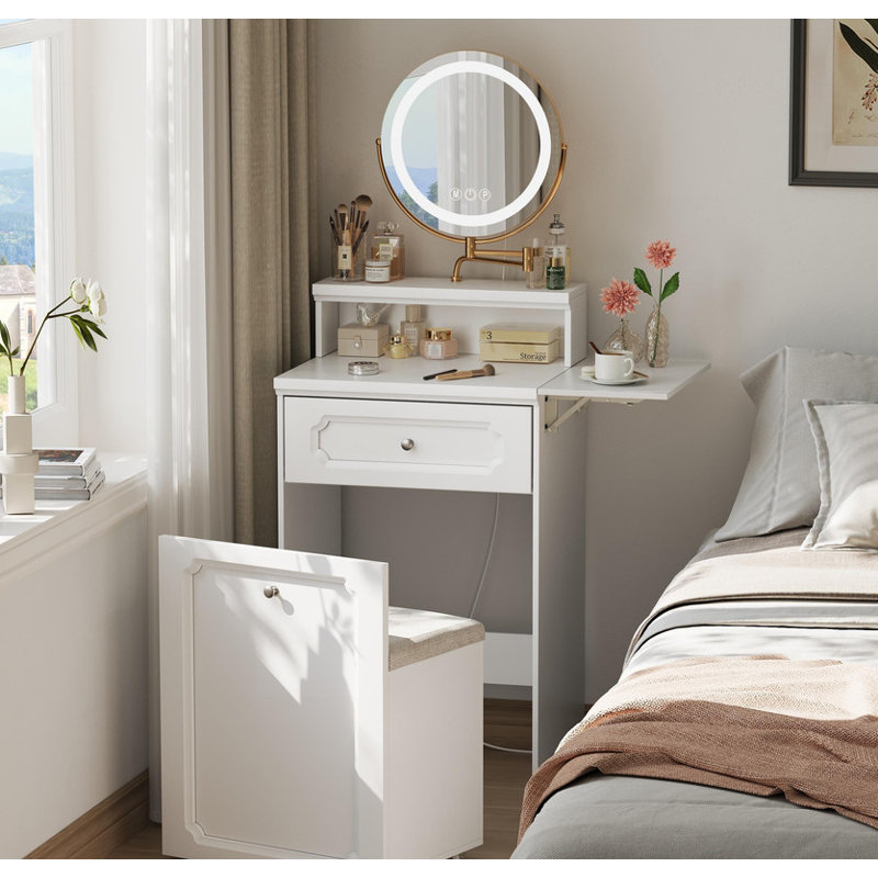 White Makeup Vanity Desk with Round Mirror and Lights, 2 in 1 Nightstand, Dressing Table with a Chair