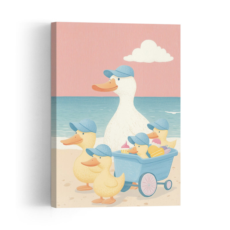 Duck Family Beach Day Playful Whimsical Abstract Bird Duck Beach Ocean Wall Art Print 1 Piece Wrapped Canvas Wall Art