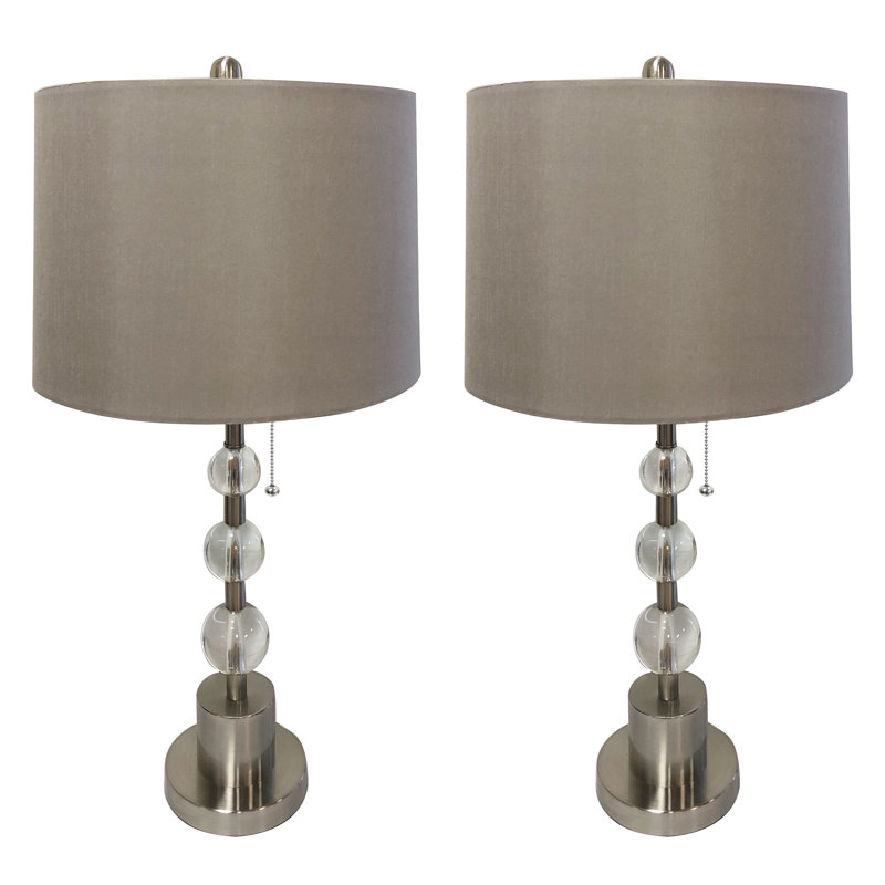 Ensemble de lampe de table à colonne de cristal Rima, Nickel brossé, H 26 po x l 14 po x P 14 po, gris