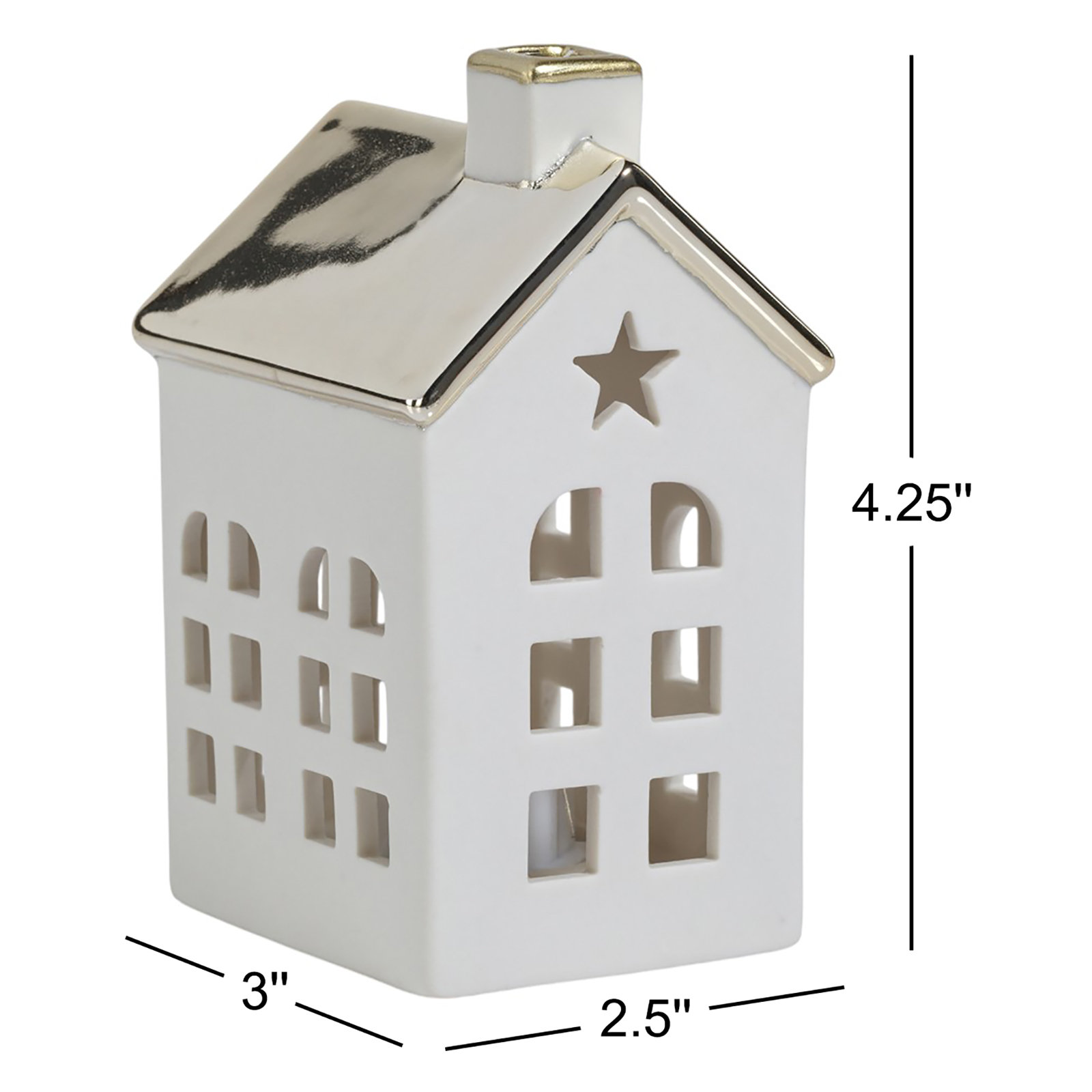 2-Piece Lighted Porcelain Village House Set, 4.25" H x 3" W x 2.5" D, Gold/White