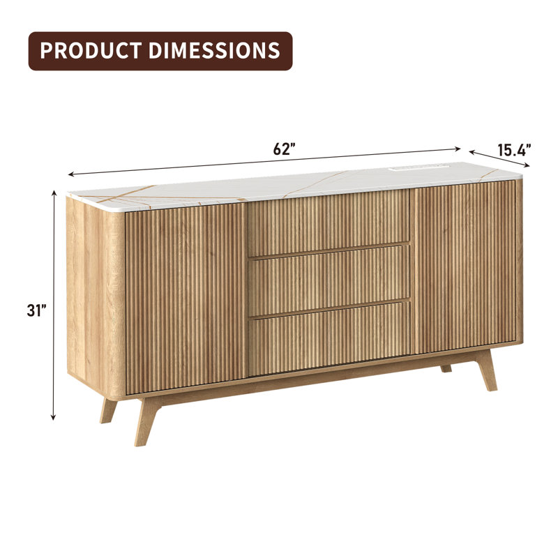 62" W Fluted Buffet Cabinet With Sliding Doors, Modern Sideboard Storage Cabinet With Power Outlet & 3 Drawers, Mid-Century Coffee Bar Table For Living Room, Dinning Room