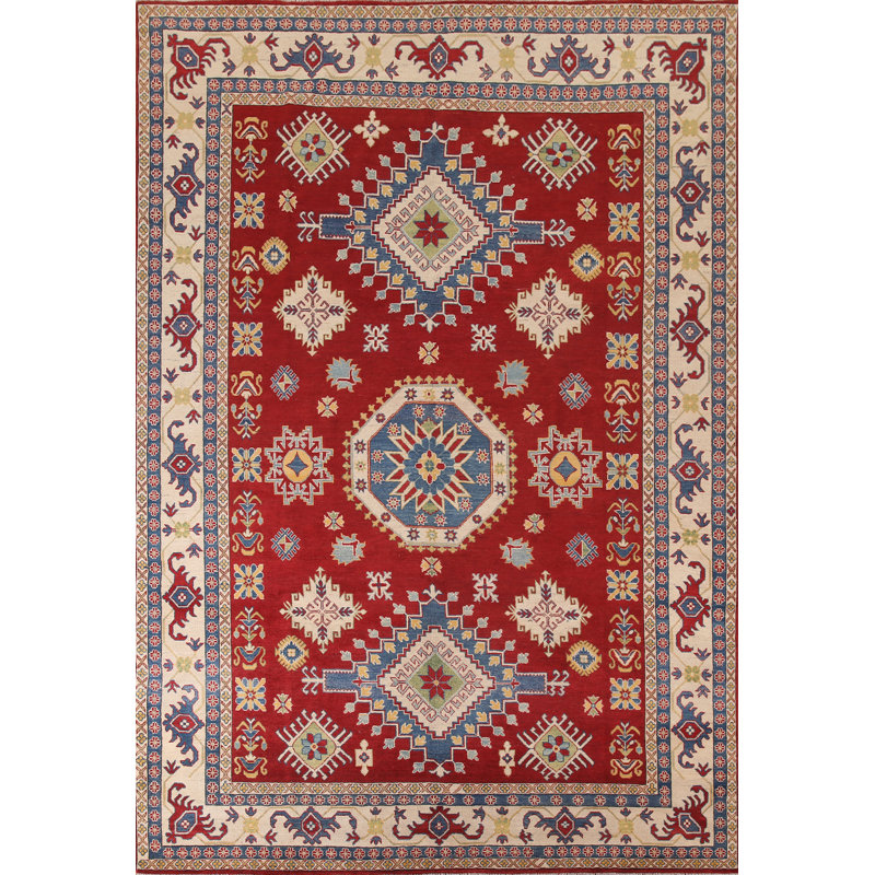 Tapis oriental rouge à motif géométrique Kazak 9 x 12