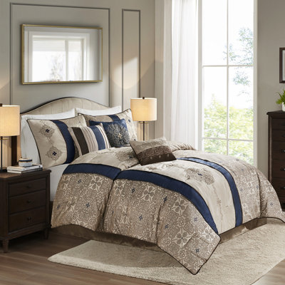 King Comforter - Navy With 2 Square Pillows 7 Piece Bedding Luxurious Feel
