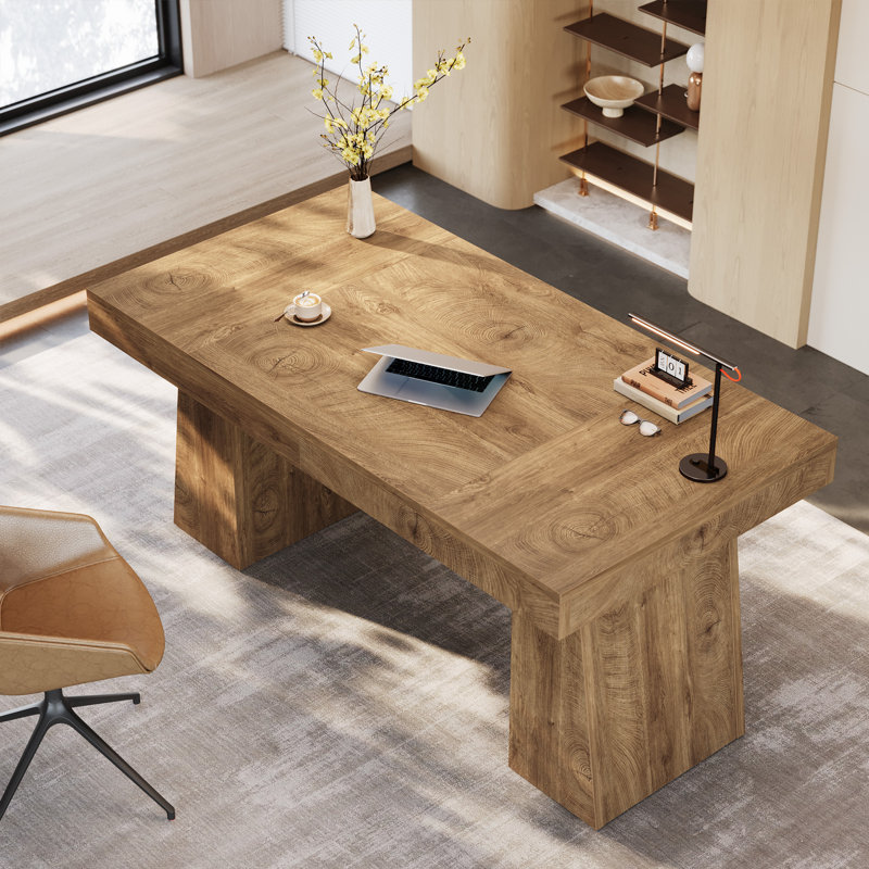 Bureau 55 po avec double caisson, bureau de direction simple, Marron clair