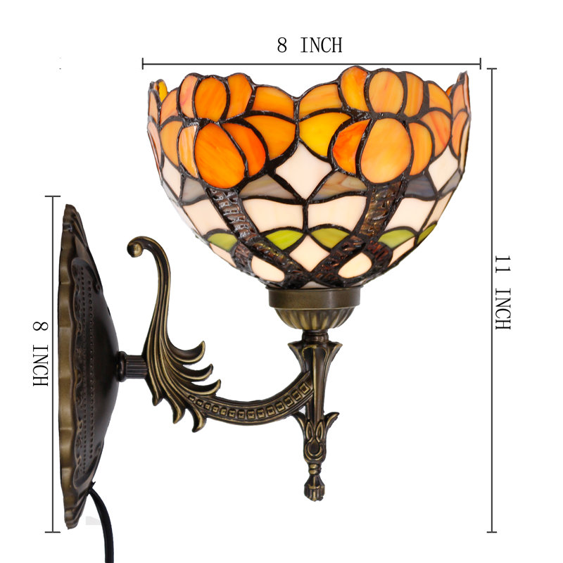 Tiffany Wall Sconce Lamp Plug In or Hardwire Wall Light with 8 Inch Yellow Stained Glass Flower Lampshade 8X10.5X11 Inch, Base, 6ft Cord with On/Off Switch, Bulb Not Included