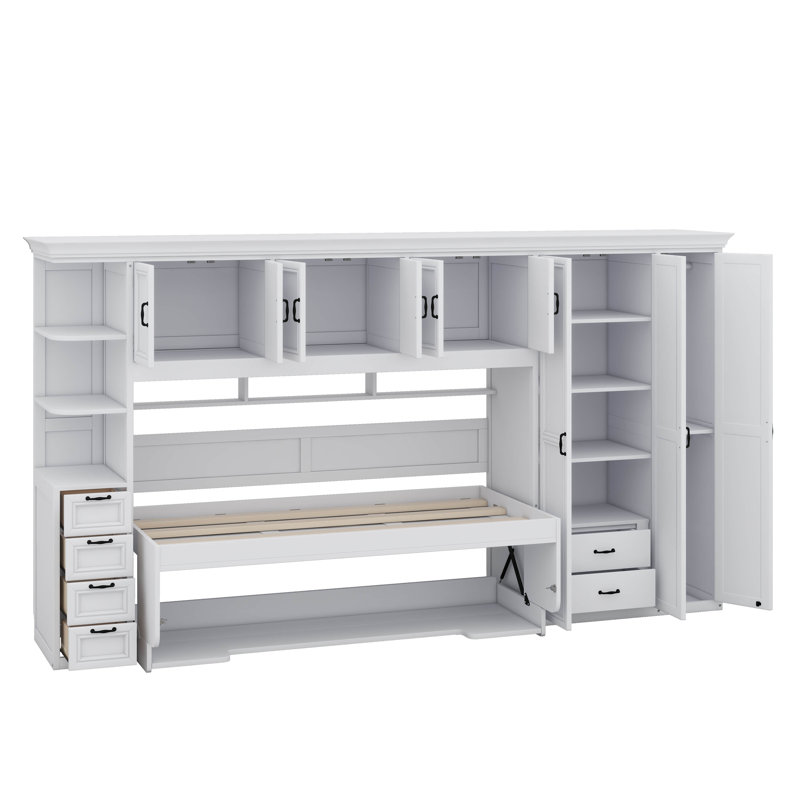 Twin Size Murphy Bed With Desk, Multi-Functional Wooden Foldable Wall Bed With Wardrobe, Drawers, And Storage Units, Blanc