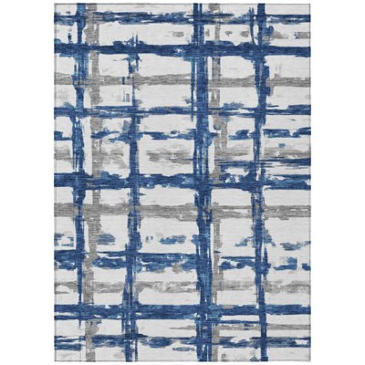9' X 12' Navy Blue Gray And Silver Striped Washable Indoor Outdoor Area Rug