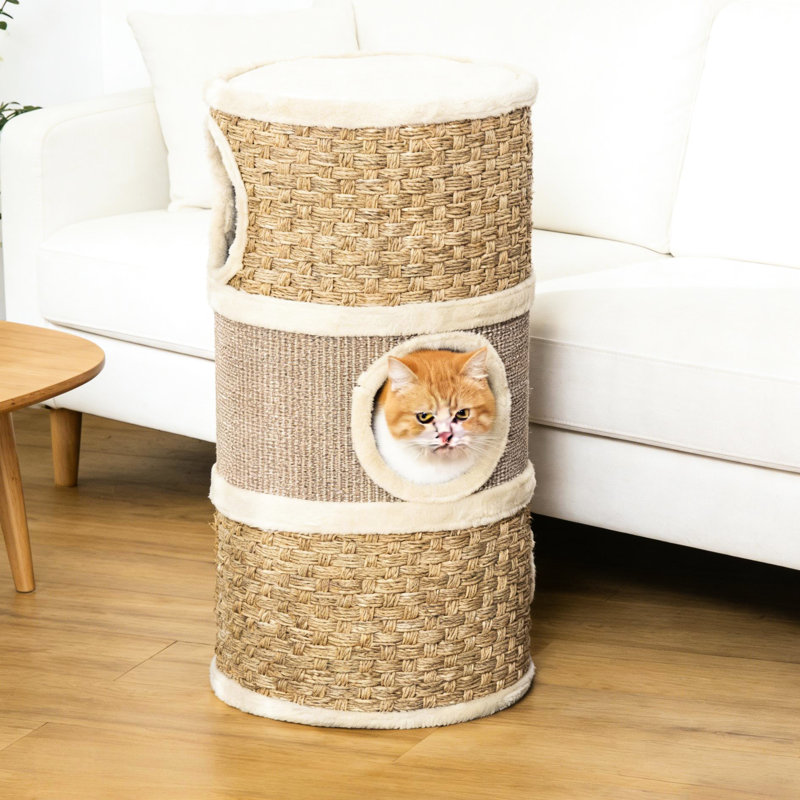 Tour pour chat d'intérieur avec trou au milieu ouvert, grattage doux, panneau de particules pour animaux de compagnie, porte de 6 po, deux pièces connectées pour chats de moins de 9 lb, coussin, doublure, fabrication de panneau de particules, hauteur de 27,5 po,