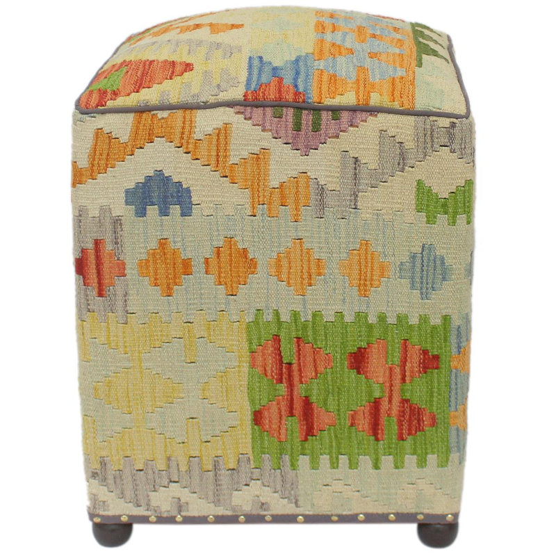 Aprea Upholstered Ottoman, Beige/Blue/Rust/Green Wool