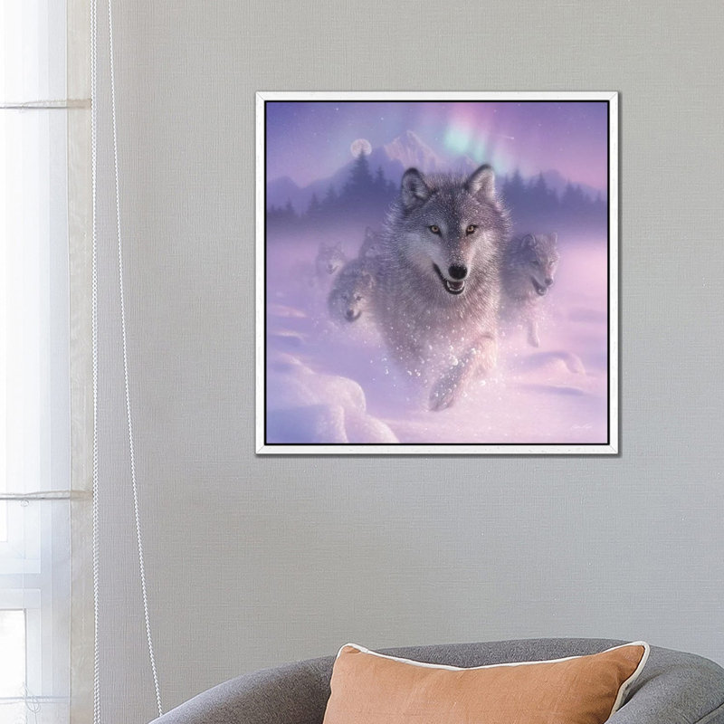 Northern Lights - Running Wolves by Collin Bogle - Print on Canvas, White Framed Canvas, 66.04 cm H x 66.04 cm W