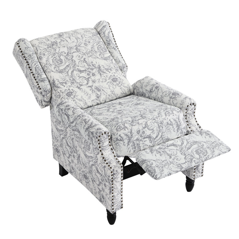 Ameiah 74 cm W Upholstered Wing Back Manual Push Back Recliner with Naihead Trims, Rococo Light Gray Chenille