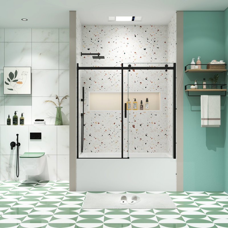 Porte de douche coulissante pour baignoire, verre trempé 5/16 po, finition noir mat, système d'écurie noir transparent, performance