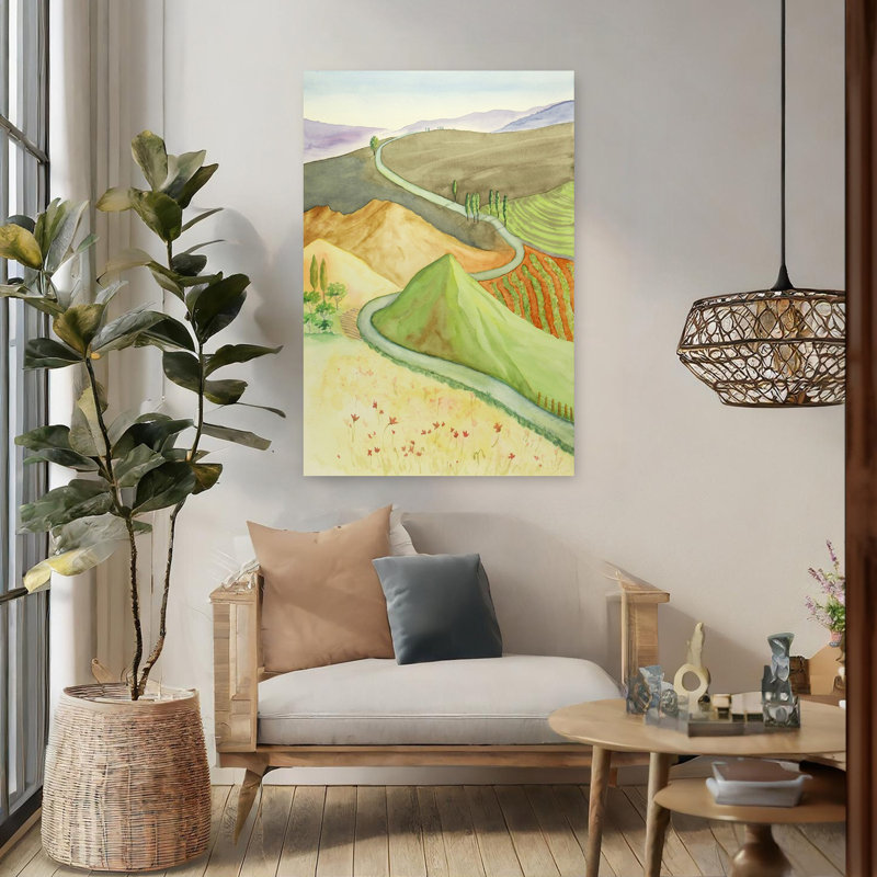 Paysage méditerranéen aux couleurs gaies, paysage contemporain, art mural, H 48 po x l 32 po