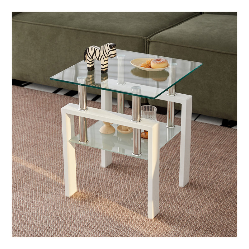 Table de bout en verre trempé blanc 2 pièces, petite table avec rangement à 2 couches, table d'appoint de salon, Clair, Blanc