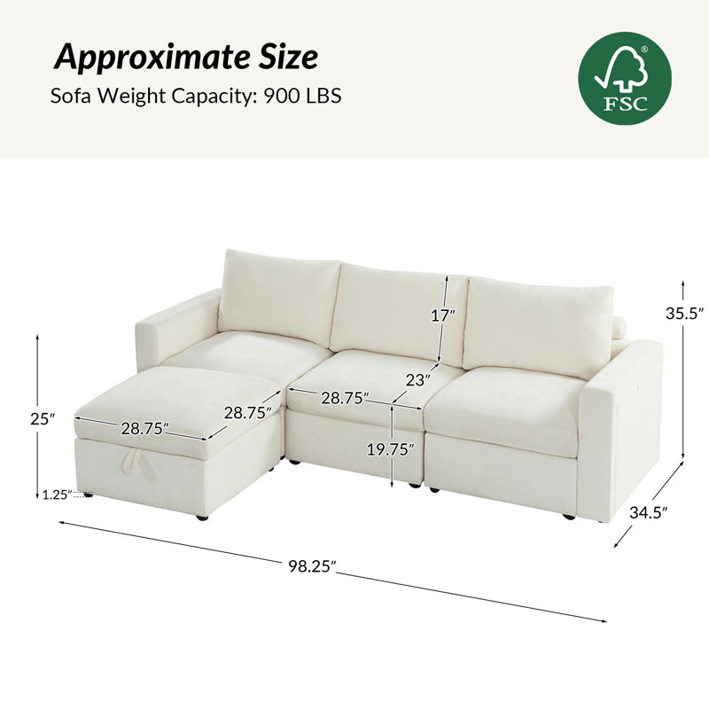 Doulyn 4 Piece Storage Modular Sectional Sofa with Multi-Functional Armrests, Beige Polyester Blend
