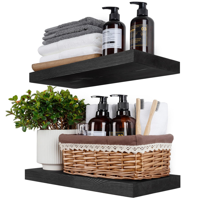 Rustic Wooden Wall Shelves Black-Set of 2, Black, 1.25" H x 18" W x 6.7" D