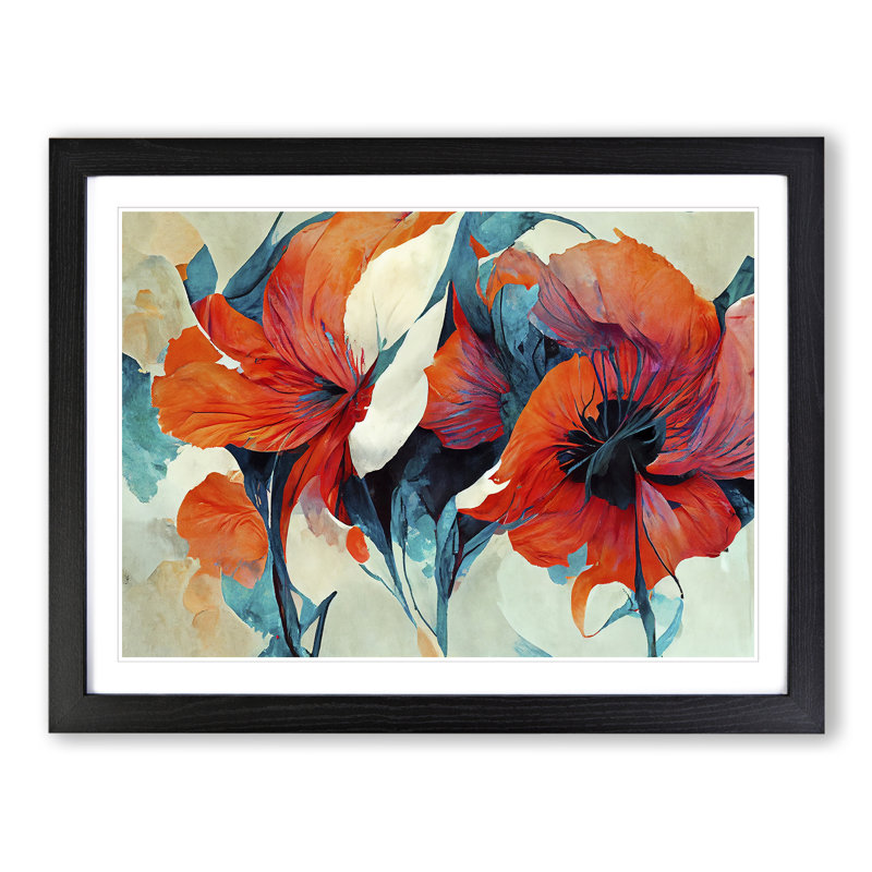 Floral - Single Picture Frame Print, Black, 46cm H x 64cm W x 2cm D