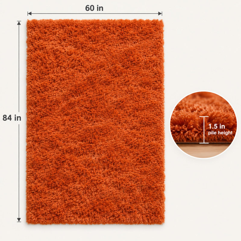 Tapis à poils longs orange brûlé de 152 x 213 cm avec envers antidérapant