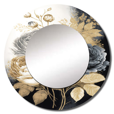 Pessina White, Gold And Black Rose Bouquet II - Rose Decorative Mirror, Traditional Round Wall Mirror, Printed Metal Art