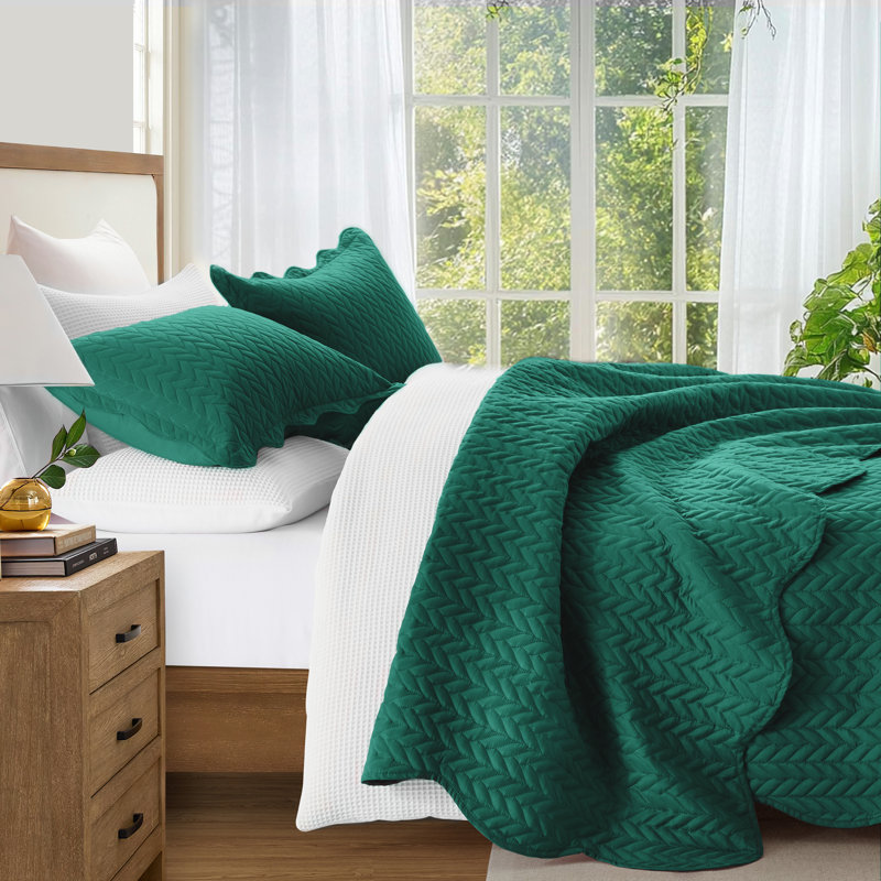 Ensemble de couvre-lit en microfibre embossée - Ensemble de literie moderne et léger avec taies décoratives, Émeraude