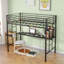 Lit mezzanine simple en métal avec bureau, prise de courant et éclairage à DEL, garde de sécurité et échelle, aucun sommier nécessaire, noir