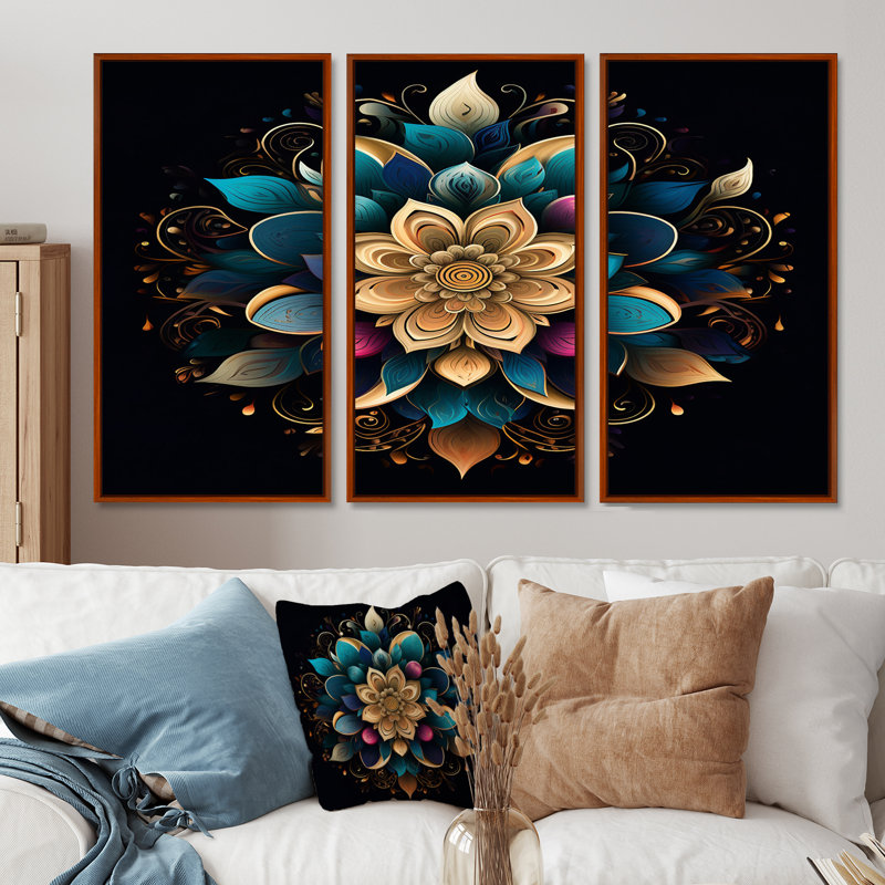 Ensemble de salon mural art floral turquoise et or boho mandala, Cadre flottant brun, H 40 po x l 60 po x P 1 po
