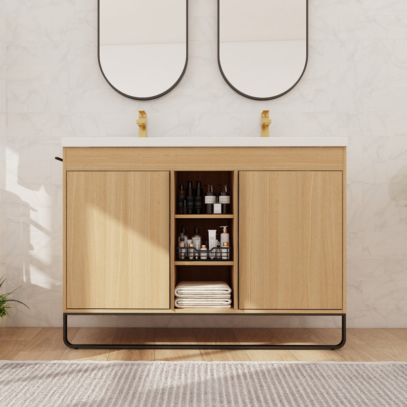 Meuble-lavabo double autoportant 48 po avec lavabo en résine, meuble-lavabo sur pied 48 po avec 2 portes et 4 tablettes