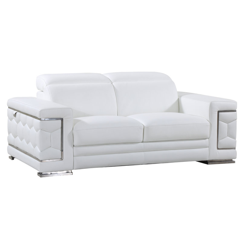 Canapé en cuir italien Aiesrom, Cuir véritable blanc, H 38 po x l 71 po x P 41 po