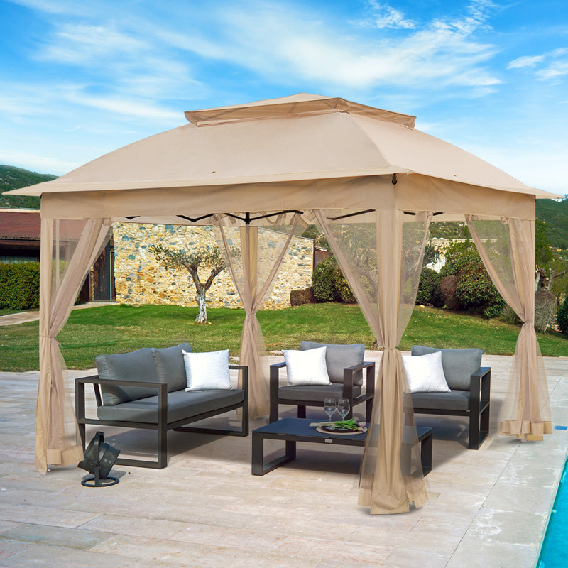 11 Ft. W x 11 Ft. D Pop Up Canopy Patio Gazebo with Mesh Wall, Khaki