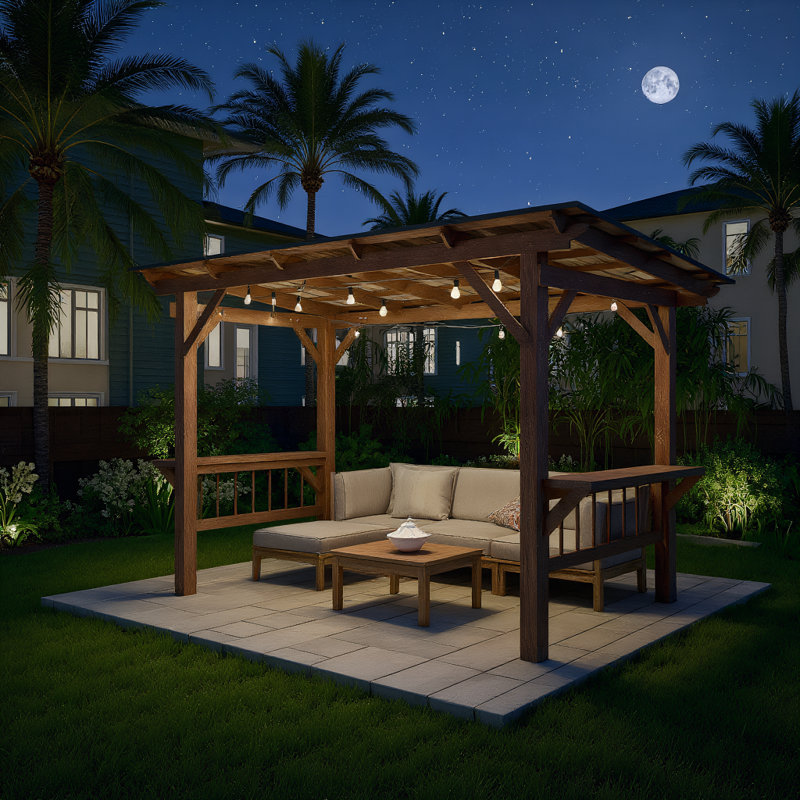 Metal Roof Wooden Pergola Grill Gazebo with Bar Counters & Bulbs, 13' x 6.5'