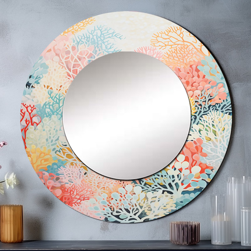 Coral Reef Barrier Expression - miroir mural unique en corail, miroir rond corail, impression d'art en métal, 36 po x 36 po